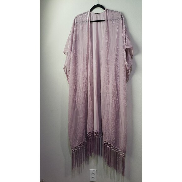 Torrid Sz 3/4 22-26 Kimono Open Front Topper Dusty Long Burnout Velvet w Fringe - Picture 1 of 9